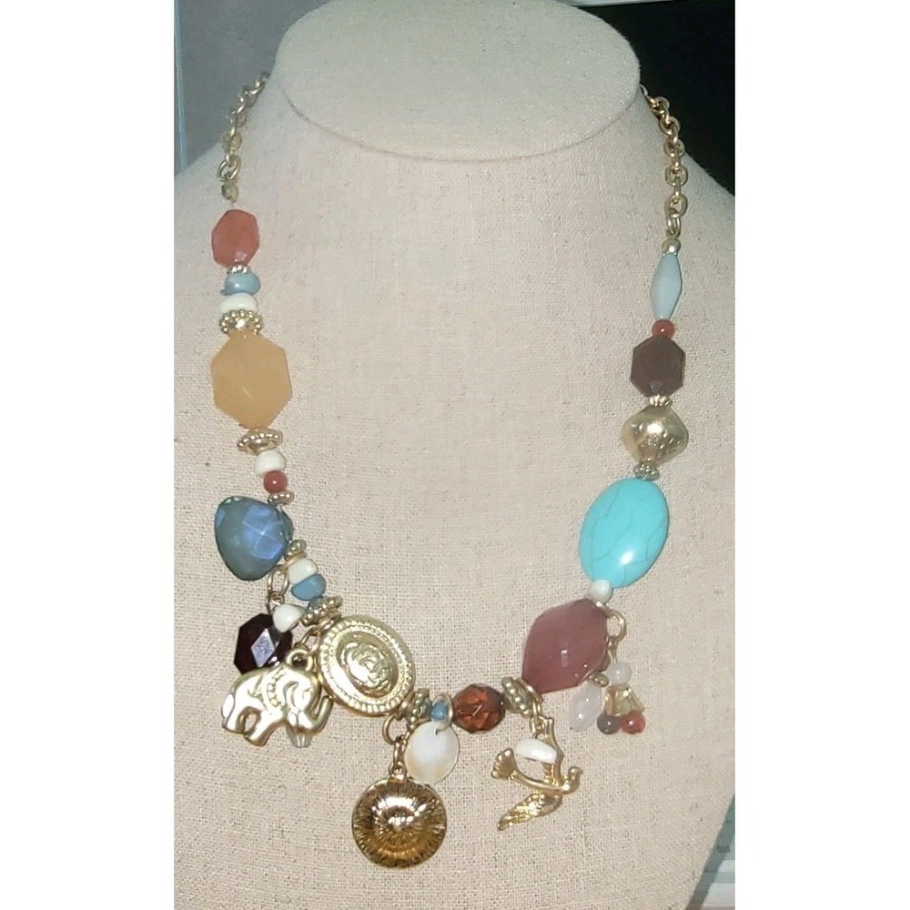 Vintage Boho Elephant Coin Medallion Charm Beaded Necklace 18in 35g
